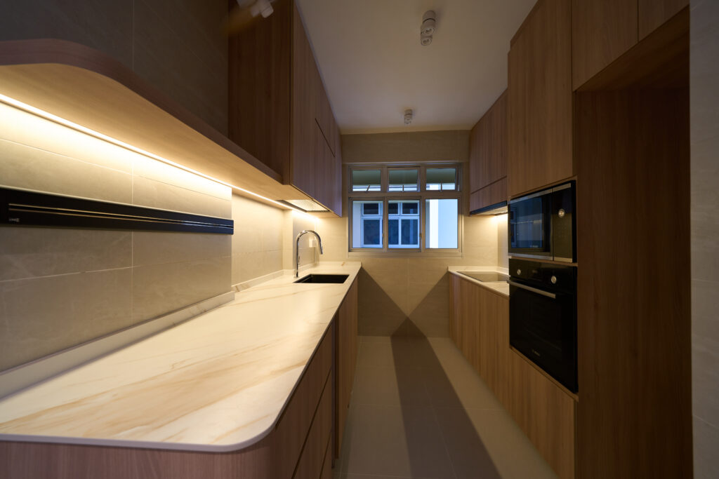built in lighting, kitchen countertop