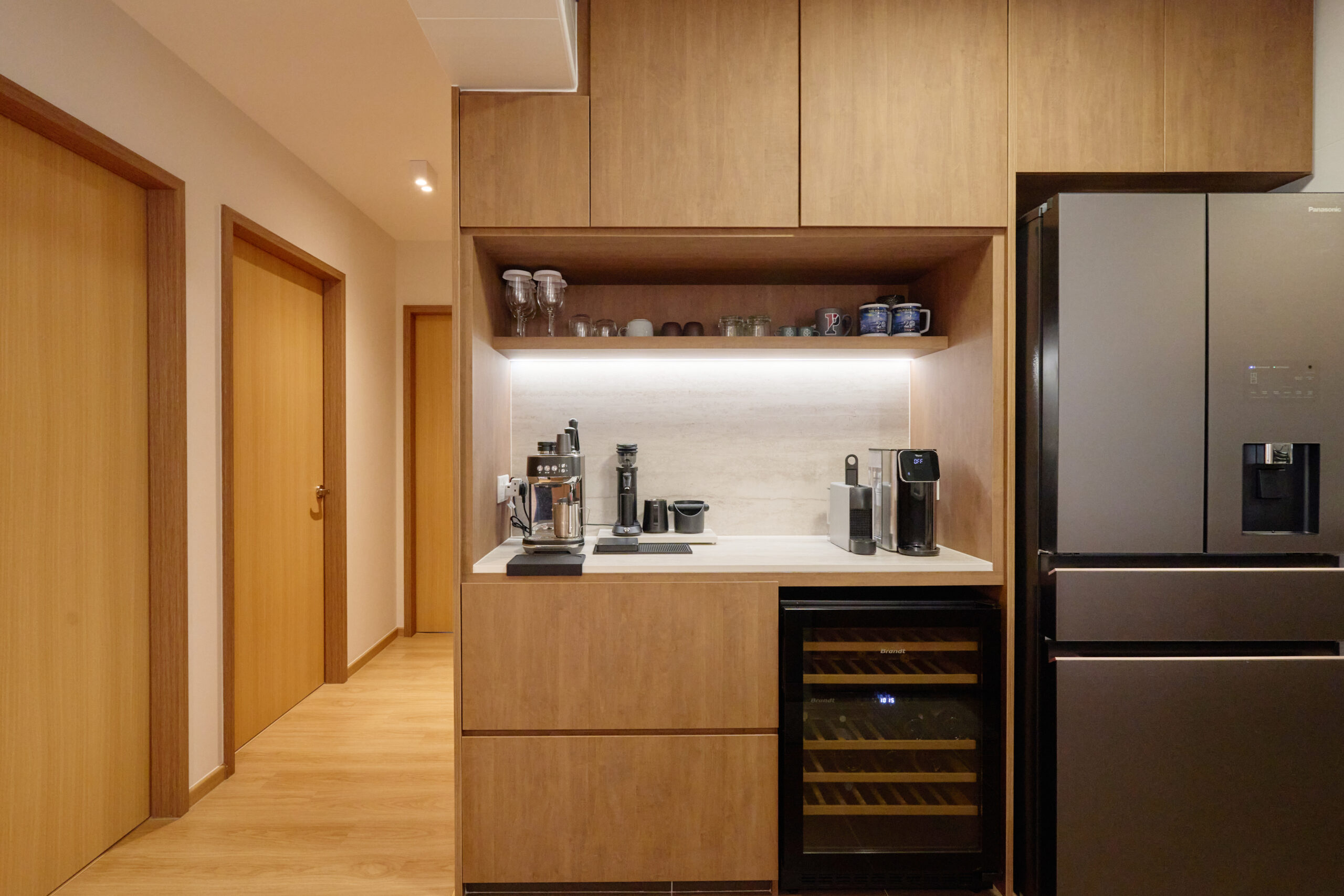 HDB kitchen carpentry with cabinets and custom fit fridge