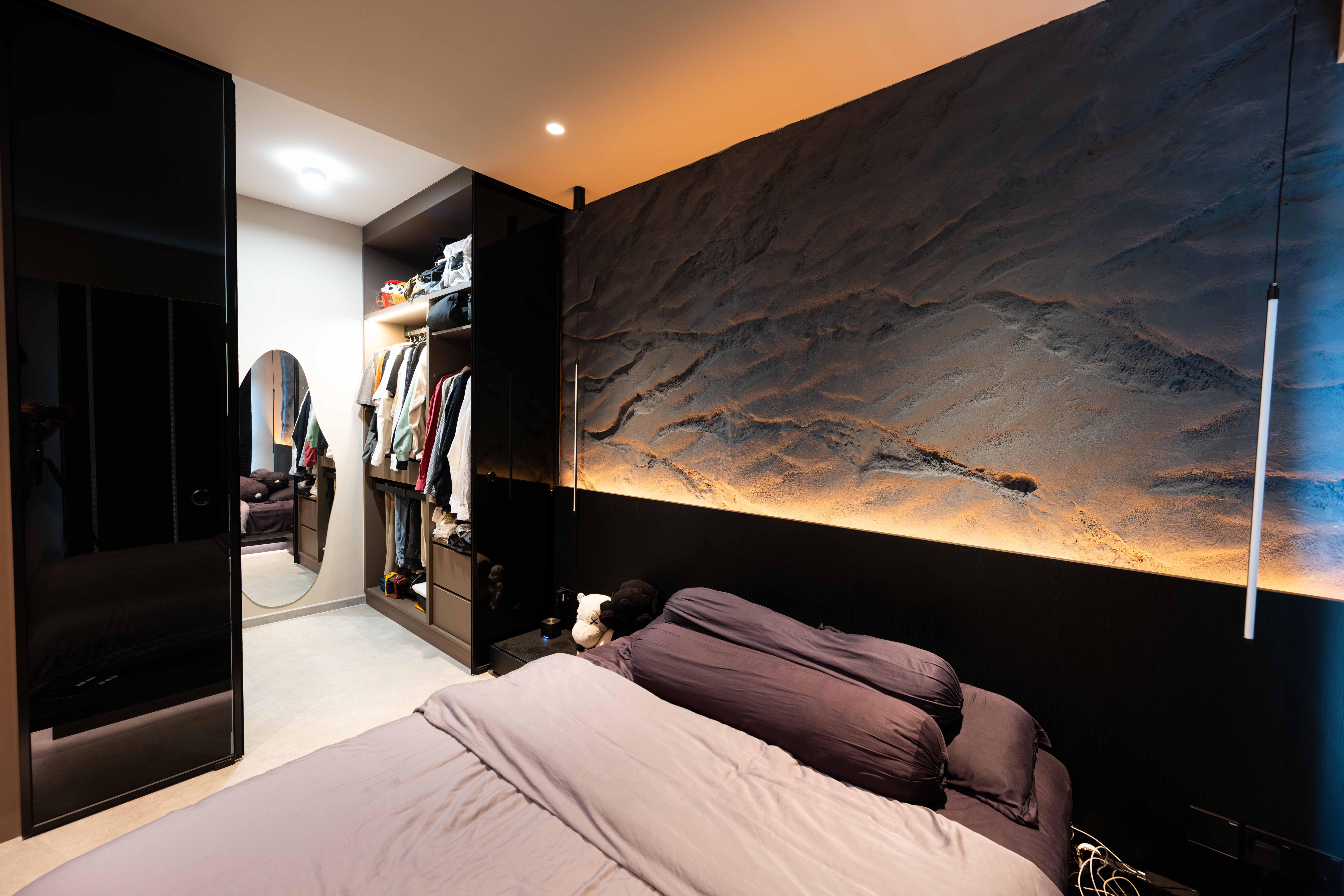 custom walk in closet in a HDB, dark wabi sabi